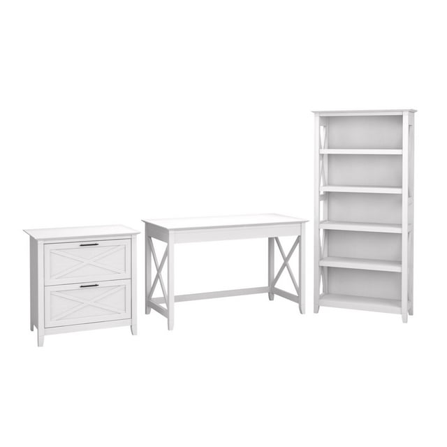 Bush Furniture Key West 48W Writing Desk with 2 Drawer Lateral File Cabinet and 5 Shelf Bookcase in Pure White Oak