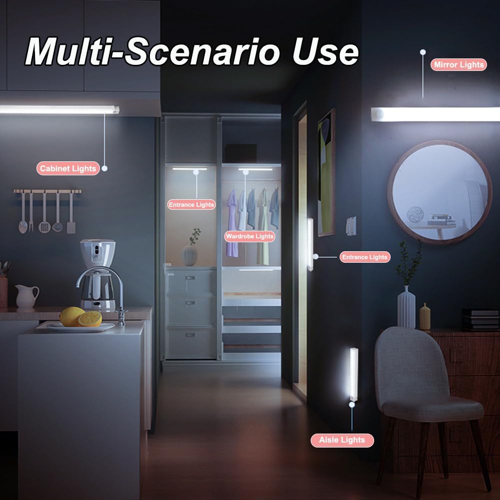 Punch-Free Smart Sensor Magnetic Rechargeable LED Lights,3.93/7.87/11.81/19.68 Inch Under Cabinet Lighting with Motion Sensor,Wireless,Cool White & Warm White for Kitchen,Stairs,Wardrobe