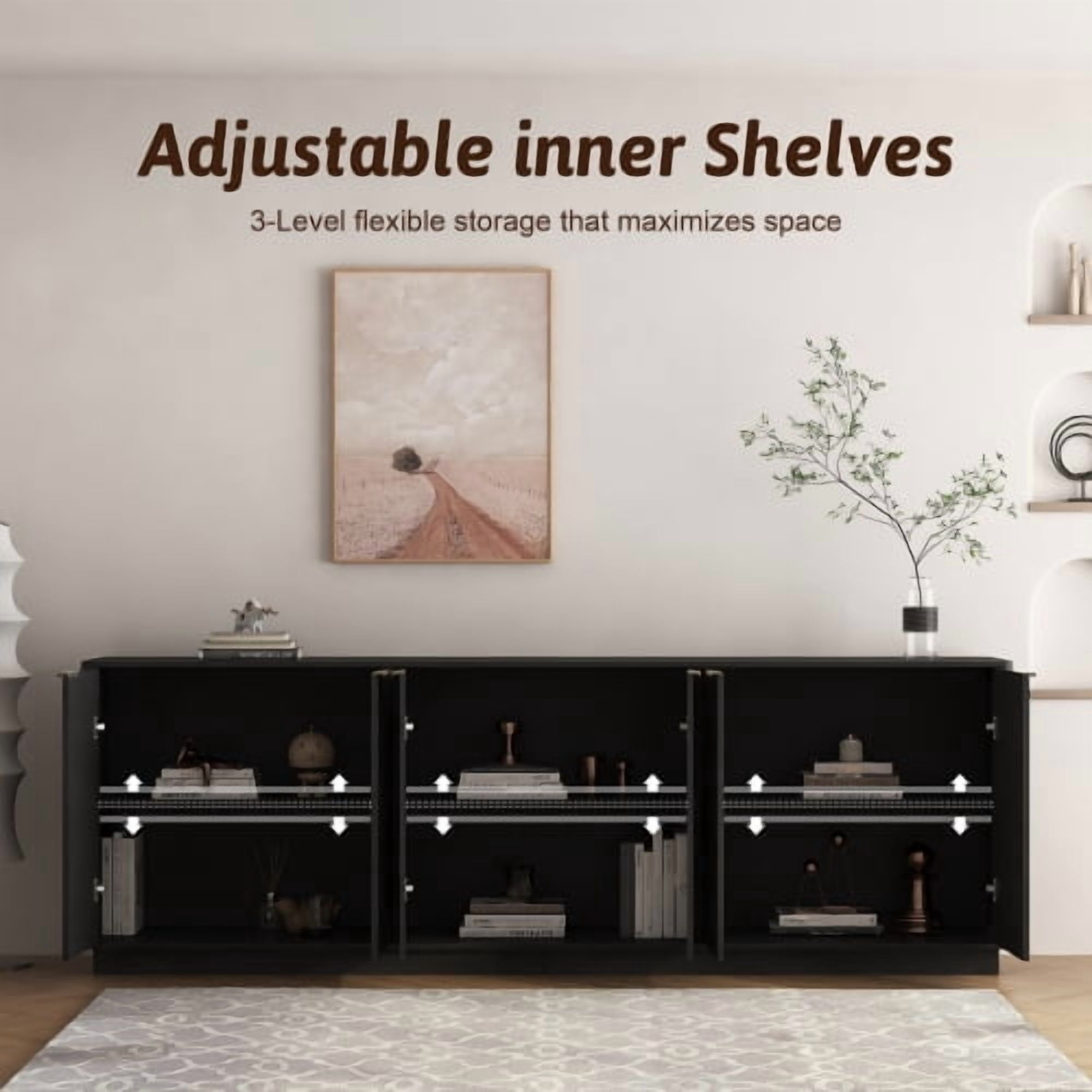 Modern Fluted Sideboard Cabinet with Storage, 6-Door Buffet Credenza with Adjustable Shelves, Accent Console Table for Living Room, Dining Room, TV Stand, Black