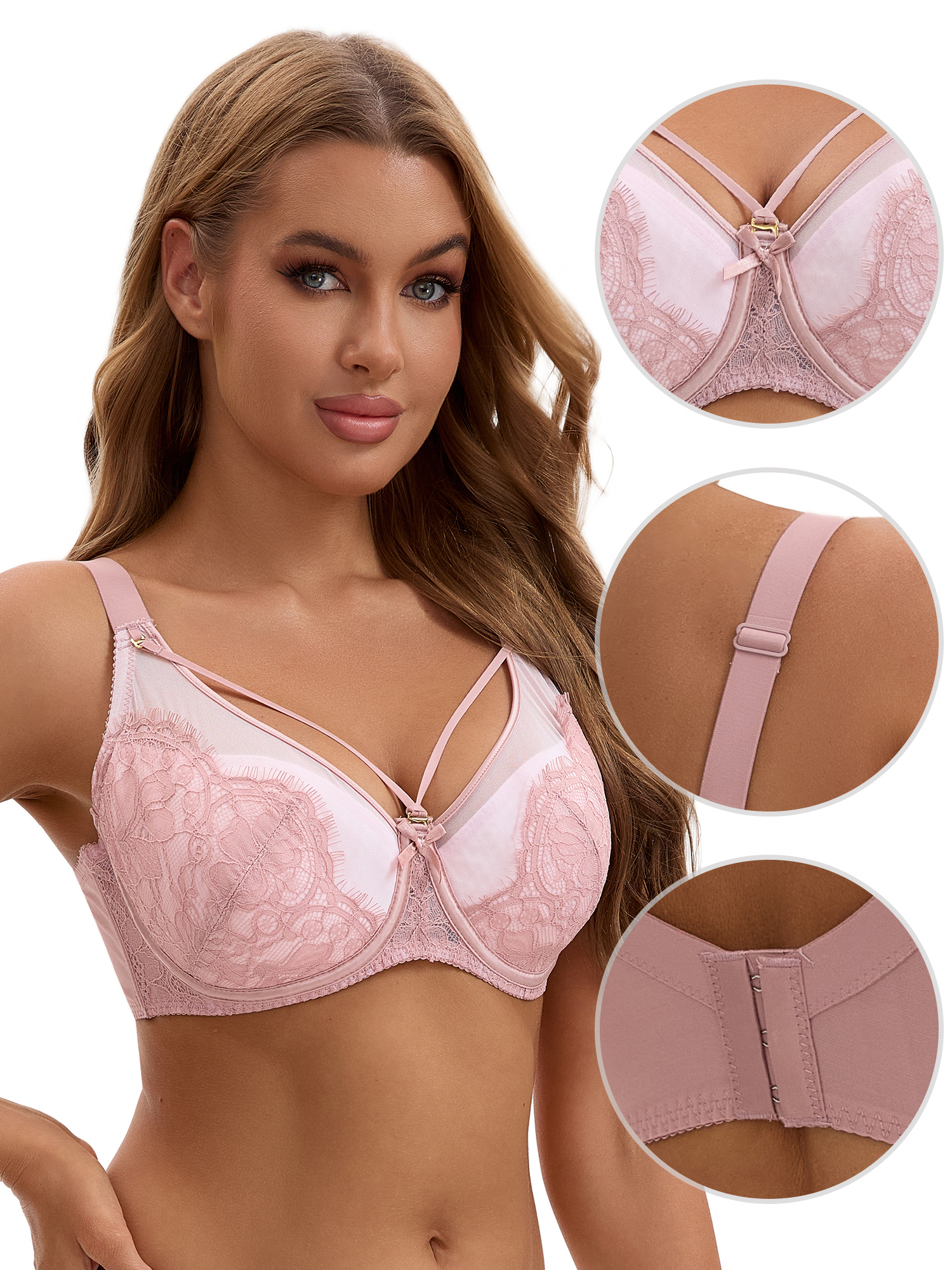 Unique Bargains Women's Lace Mesh Full Coverage Underwire Bras Pink 46 E