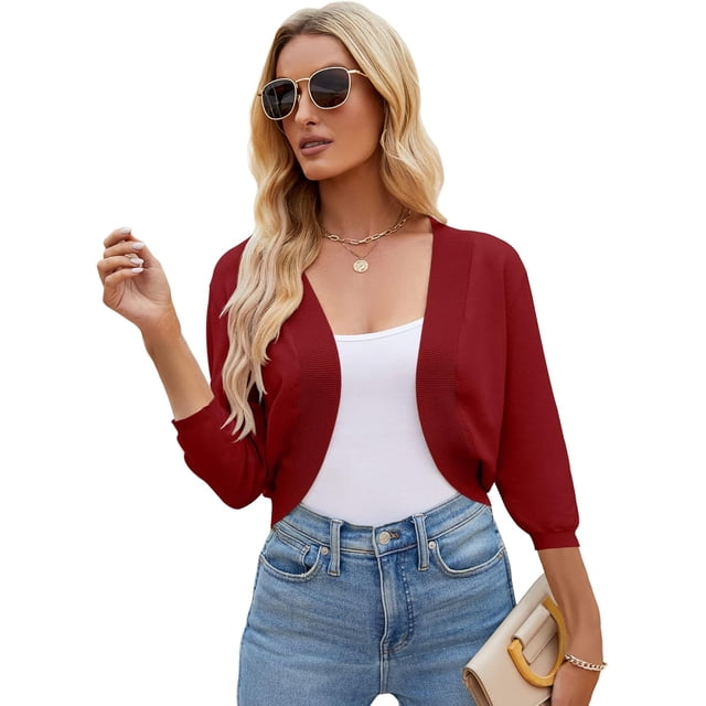 Cardigan Court à Manches 3/4 pour Femmes, Ouvert devant, Léger