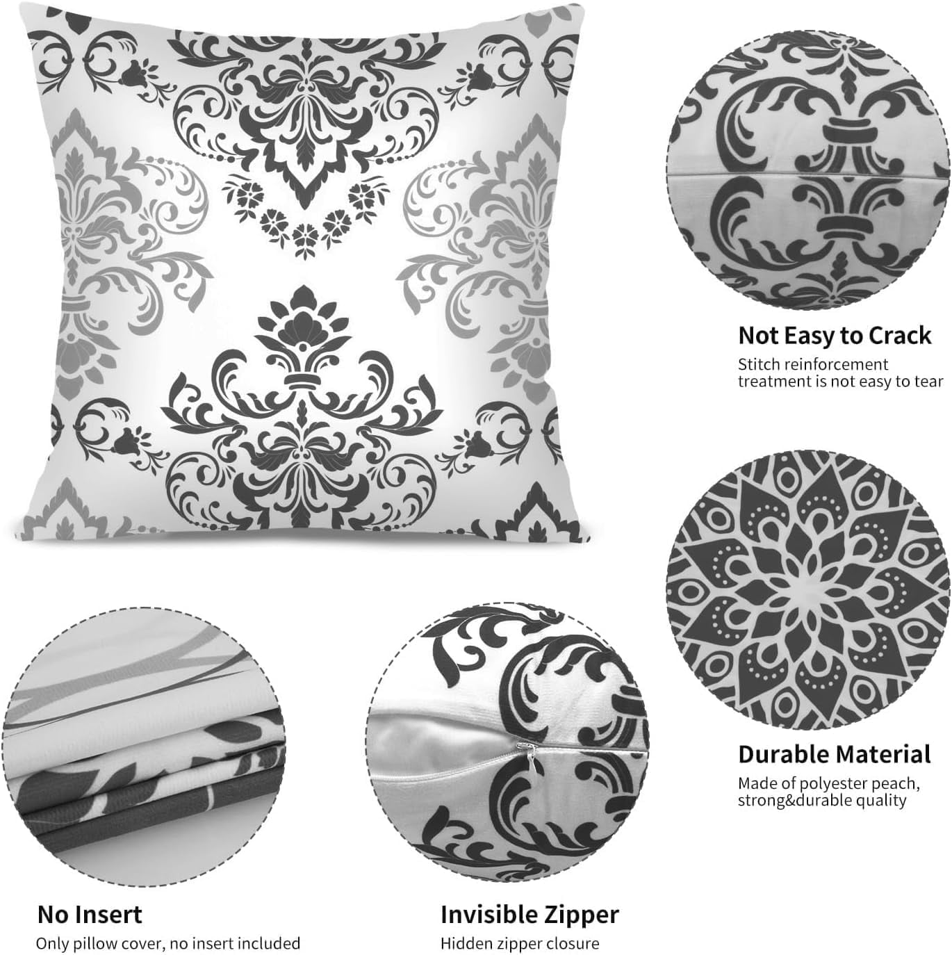 Decorative Throw Pillow Covers 20x20 Set of 4, Dark Grey and White Modern Simple Square Pillow Case Cushion Cover for Sofa Couch Farmhouse Outdoor Living Room