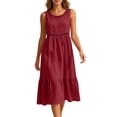 thumbnail image 2 of ClodeEU Women's Linen Blend Round Neck Sleeveless Tiered Midi Dress,Casual Flowy A Line Dress Wine,Women's Plus S, 2 of 6