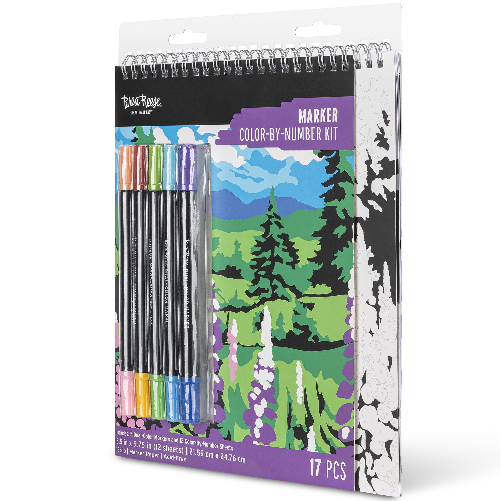 Brea Reese: Marker Color-by-Number Kit - Mountain Landscapes - 5 Dual-Tip Markers, 12 Designs, Guided Art, 8.5 x 9.75" Pages, Adult Spiral Art Pad