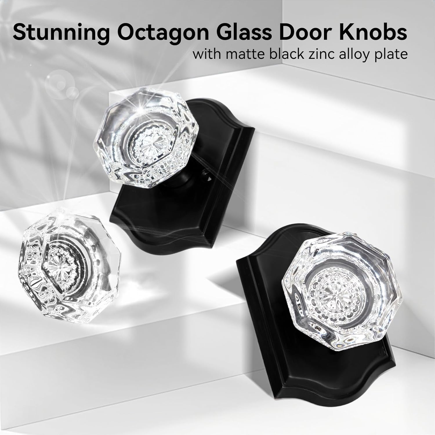 3 Pack Glass Door Knobs, Octagonal Black Crystal Door Knobs, Glass Privacy Door Knobs Interior for Bathroom Bedroom, Clear Crystal Door Knob Set