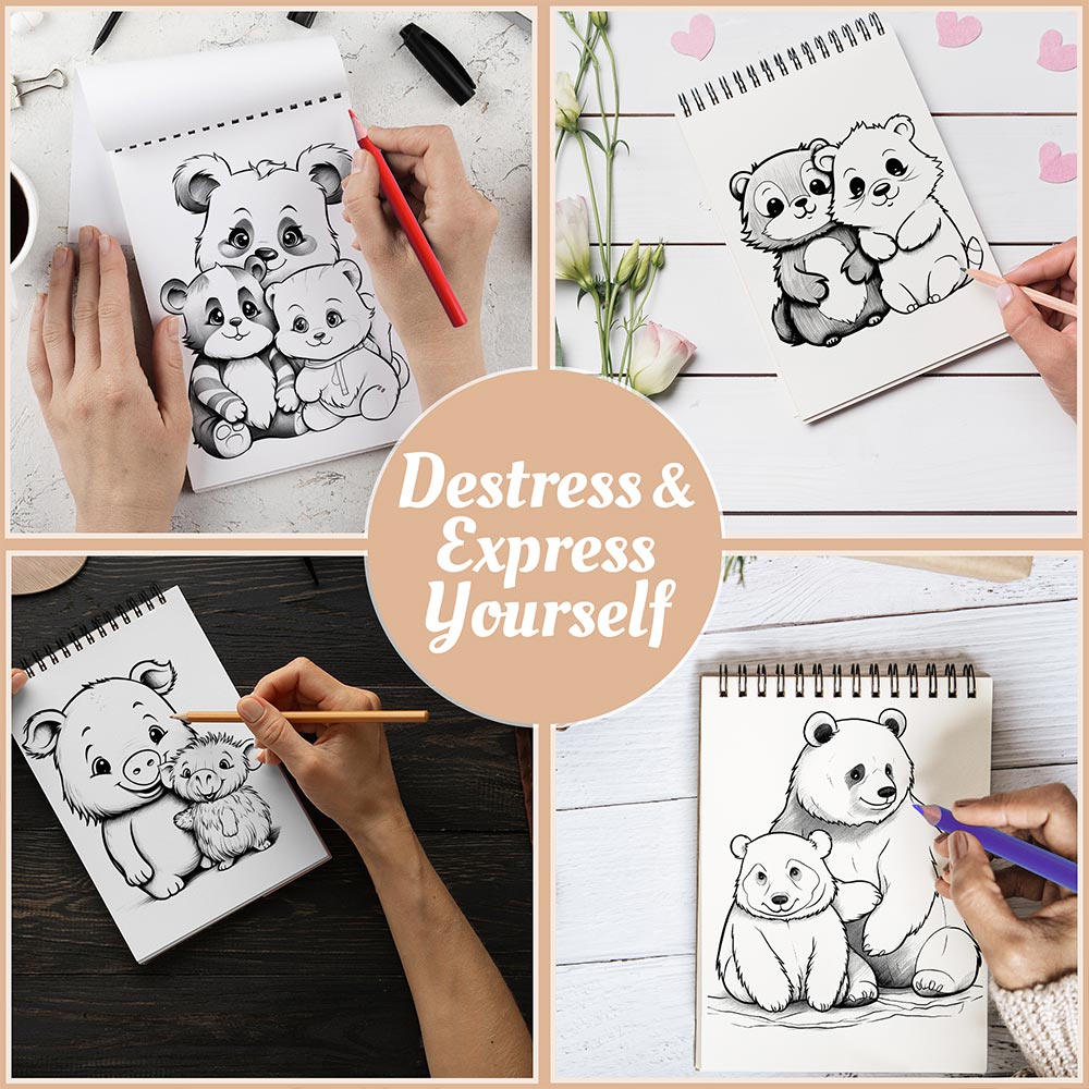 Netecom Cute Animals and Their Friends Coloring Book Spiral Bound for Adutls, A5 Wooden Cover, 30 Adorable Critters Coloring Pages of Furry Pals for Stress Relief and Relaxation