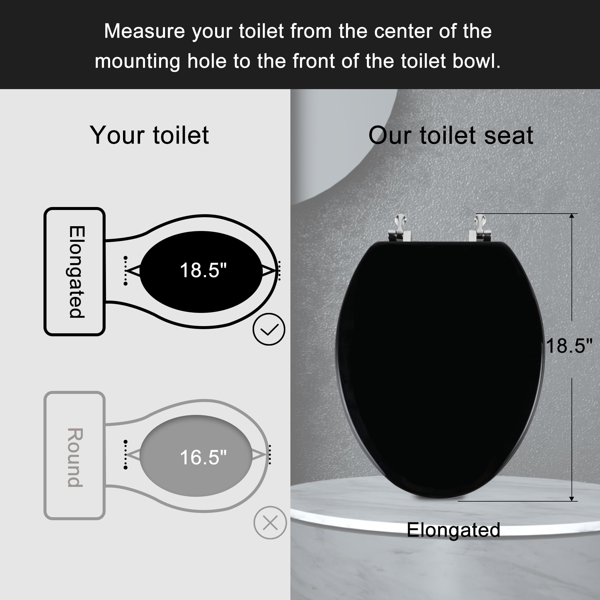 Angol Shiold Wood Elongated Toilet Seat, Black Toilet Seat, Easy Clean, Metal Hinges ( Elongated 18.5'', Black )