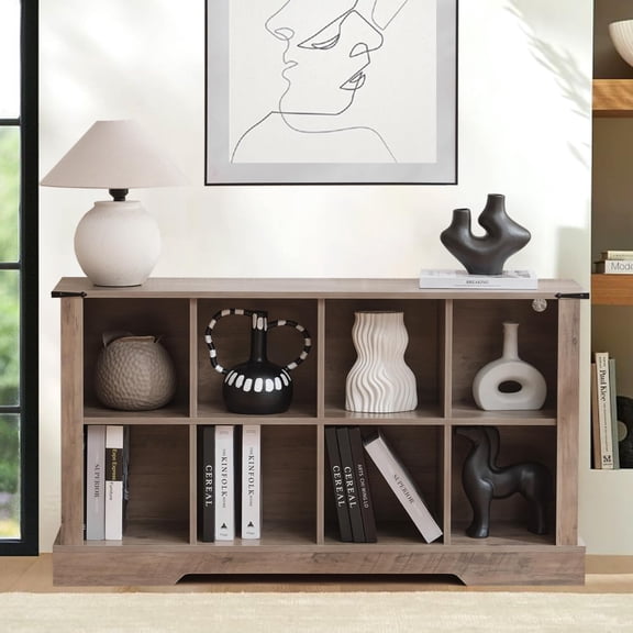 8 Cube Storage Organizer with LED Lights, Wooden Bookcase with Storage, Modern Cube Shelf for Living Room, Bedroom, Home Office - Grey