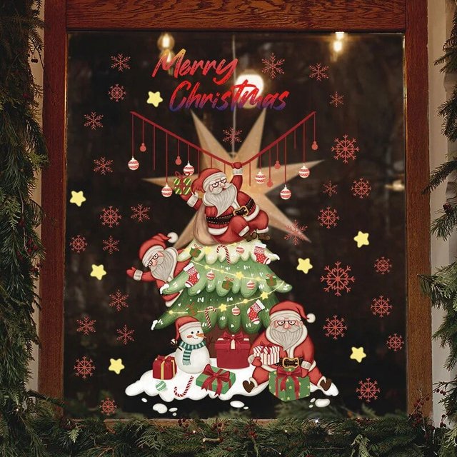 Pegatina navideña grande para ventana, póster de calcomanía de cristal para árbol de Navidad, Papá Noel, decoración navideña para el hogar, Año Nuevo, 2023, 2024