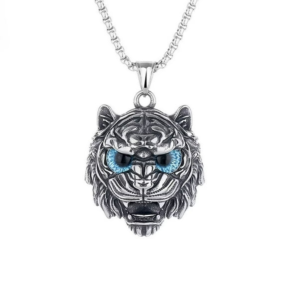 HIJONES Women Men's Zodiac Tiger Pendant Necklace Stainless Steel Personalized Hip Hop Retro Animal Chain Jewelry Blue Eyes