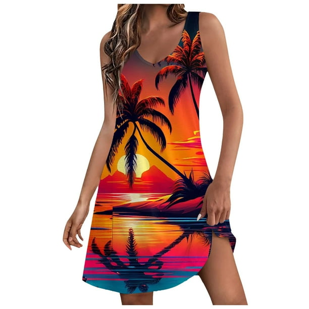MKLEKYY Trajes De Baño Mujer Short Womens Summer Dresses 2024 Loose V Neck Sleeveless Swimsuit Coverup With Pockets Floral/Plain/Eyelet