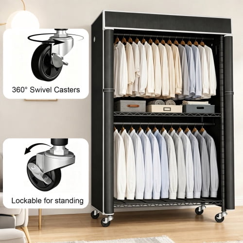 Freestanding Metal Garment Rack with Full Fabric Dust Cover, Single Hanging Rod Clothes Closet with Storage Shelf, Portable Wardrobe Organizer for Bedroom & Laundry Room