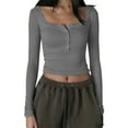 thumbnail image 2 of Women Knitted Henley Shirt Casual Solid Color Retro 1/2 Button Long Sleeve Crop Tops Streetwear Clubwear, 2 of 5