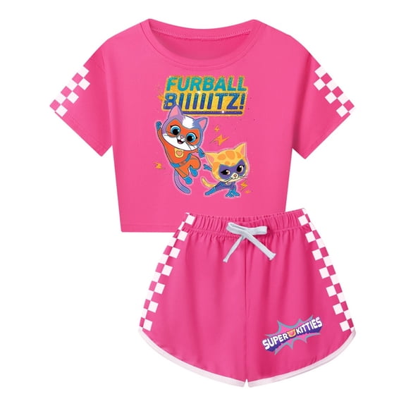 Girls SuperKitties Set – Cropped Top and Comfy Shorts – Kids Fun Summer Cartoon Cat Clothing