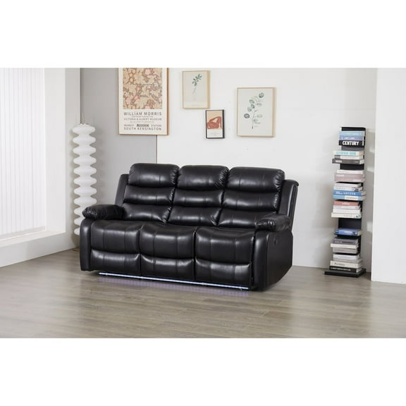 Faux Leather Manual Reclining Sofa with LED Lights With Drop Down Table