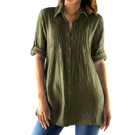 Htigea Women's Cotton Linen Shirts Pleated V Neck Collared Top Solid Color Button Down Casual Tunic Tee Army Green,S