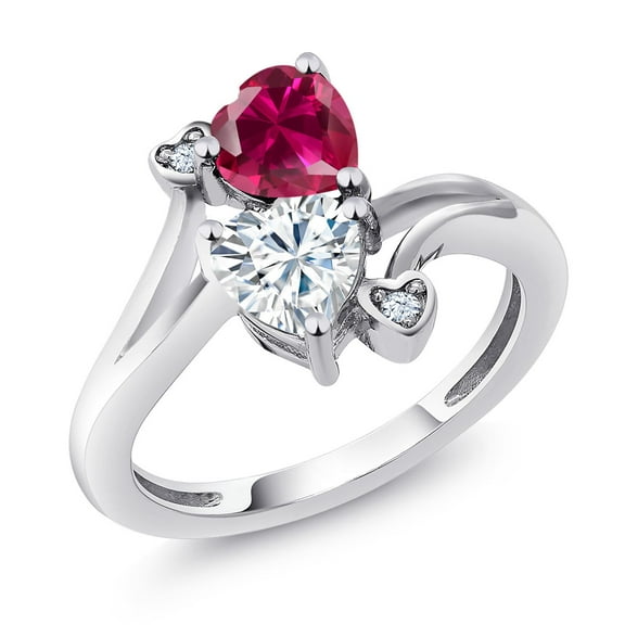 Gem Stone King 925 Sterling Silver Red Created Ruby White Moissanite Ring for Women (1.79 Cttw, Heart Shape 6MM, Gemstone July Birthstone, Size 7)