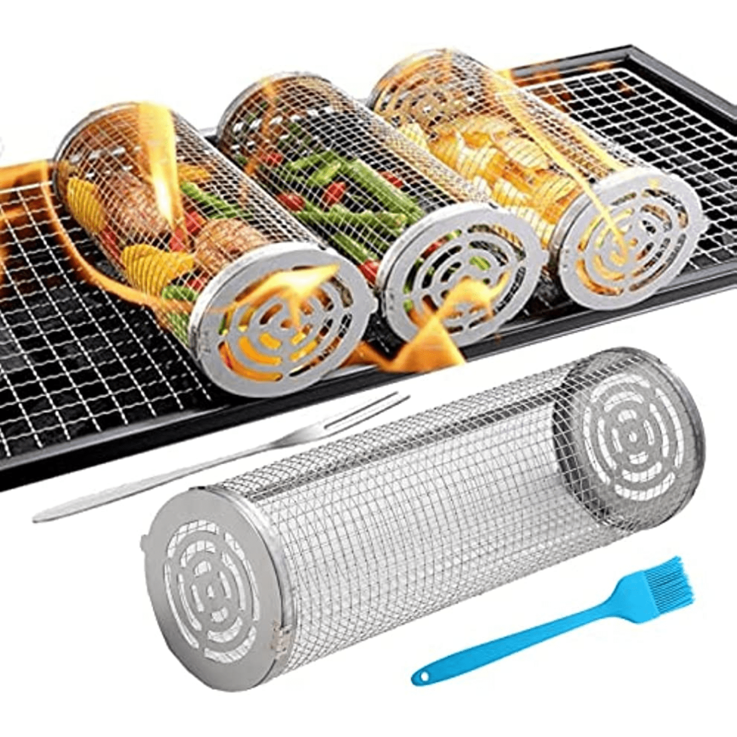 BBQ Dragon Stainless Steel Rolling Grill Basket and Veggie Basket BBQD150 -  The Home Depot