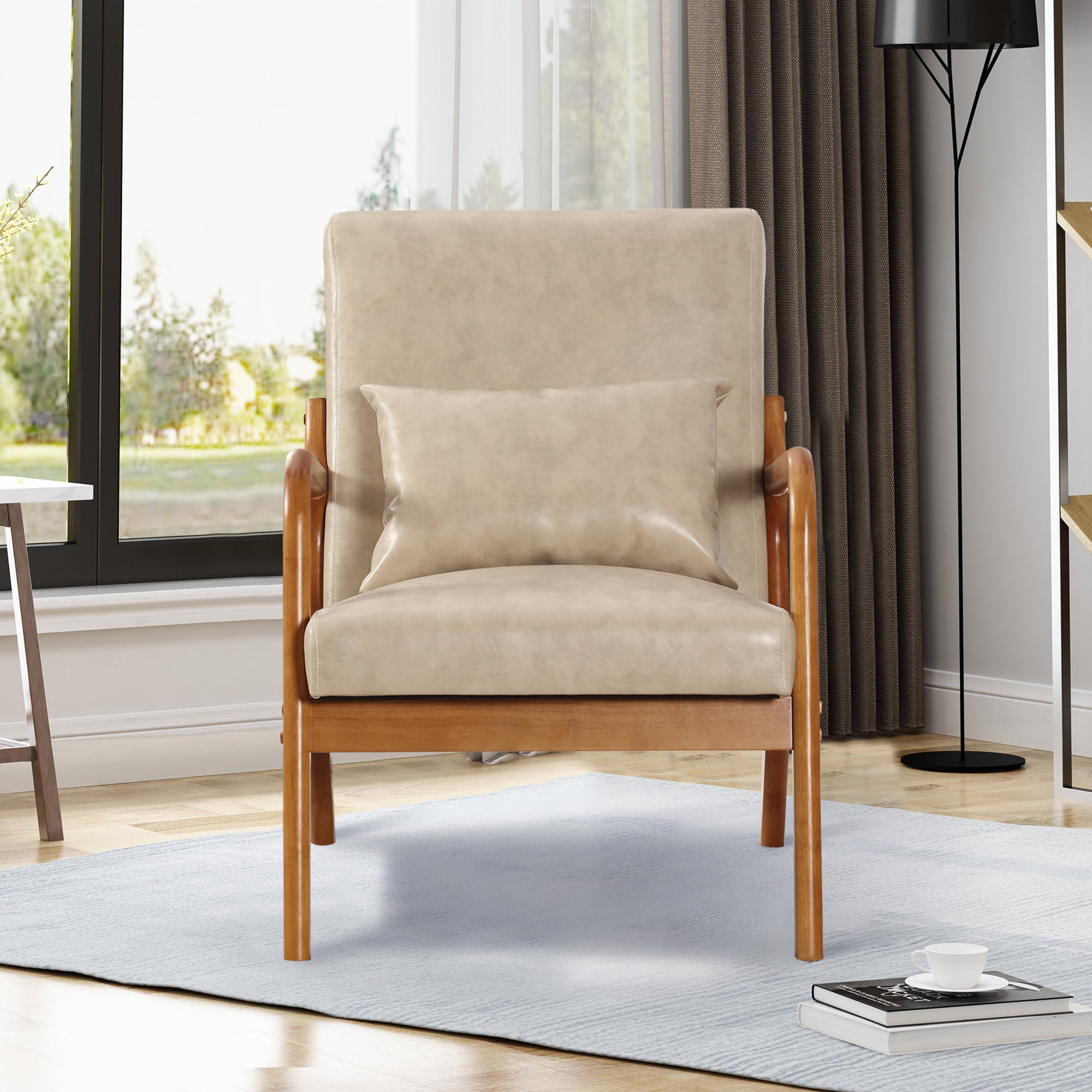 Miniyam Modern PU Leather Accent Chair, Solid Wood Lounge Reading Armchair With One Pillow for Living Room, Bedroom, Guest Room, Khaki