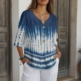 thumbnail image 3 of Xoenoiee Blue Tie Dye Print Womens Tops Dressy 3/4 Length Sleeve Henley V Neck Button Down Shirts Pleated Gauze Blouses Plus Size, Size 4XL, 3 of 7