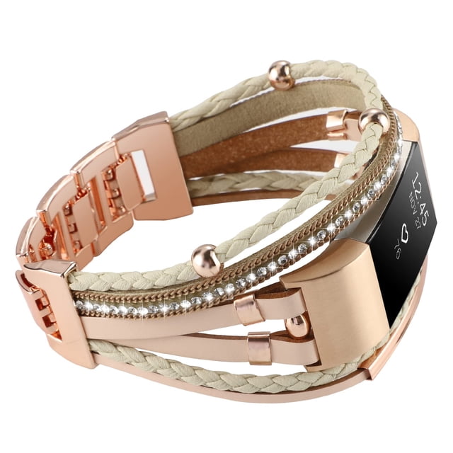 Correa de piel para Fitbit Charge 2 WONFAITH Posh, color caqui/oro rosa