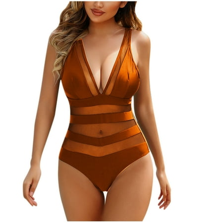 Virmaxy Women s Solid Color One-piece Swimsuit Sexy Backless Strappy Tankini Camisole Waist Cinching Swimwear With Bra Padded for Pool Party Vacation Orange-4 XXL