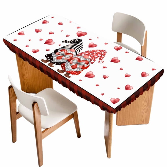 Red Valentine's Day Table Cloths for 5 Foot Rectangle Tables, Love Heart Gnomes Red Black Plaid Patio Waterproof Elastic Fitted Tablecloths, Washable Rectangular Table Cover for Camping