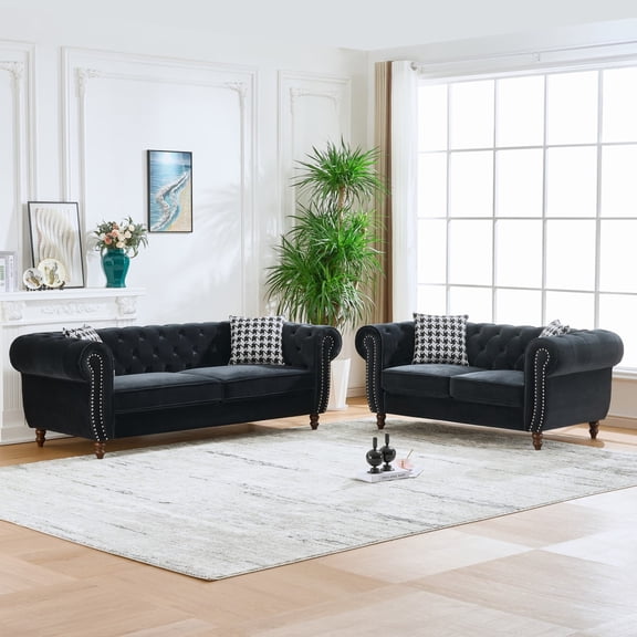 Miekor 3 & 2 Seater Chesterfield ‌velvet upholstery fabric Sofa with Roll Armrest & Nailhead,Upholstered Mid Century Modern Couch,3 Seater & 2 Seater Couch for Living Room, Office, Apartment, Black