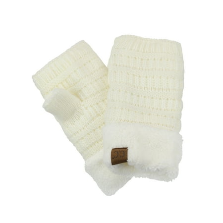 C.C Women's Warm Knit Fingerless Half Finger Fleece Lined Winter Gloves-Ivory