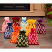 Sunsoul by Touchstone New Gorgeous Indian Traditional Leaf Printed Bags Pouches Potli For Gift Wedding Jewelry Packaging Bridal Party Favors Assorted Colors Set Of 9 For Women.