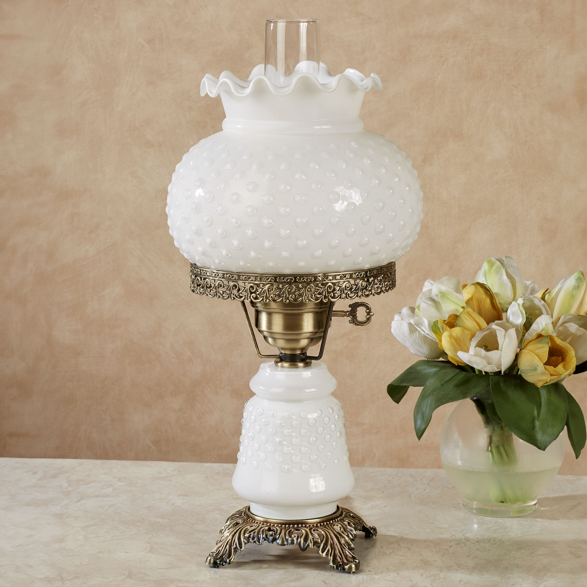 Mindy Hobnail Glass Table Lamp - White Shade - Handcrafted Globe - Blown by Hand - Hurricane Chimney Style - Victorian Lamps for Desk, Bedroom, Living Room - 20.5 Inches High