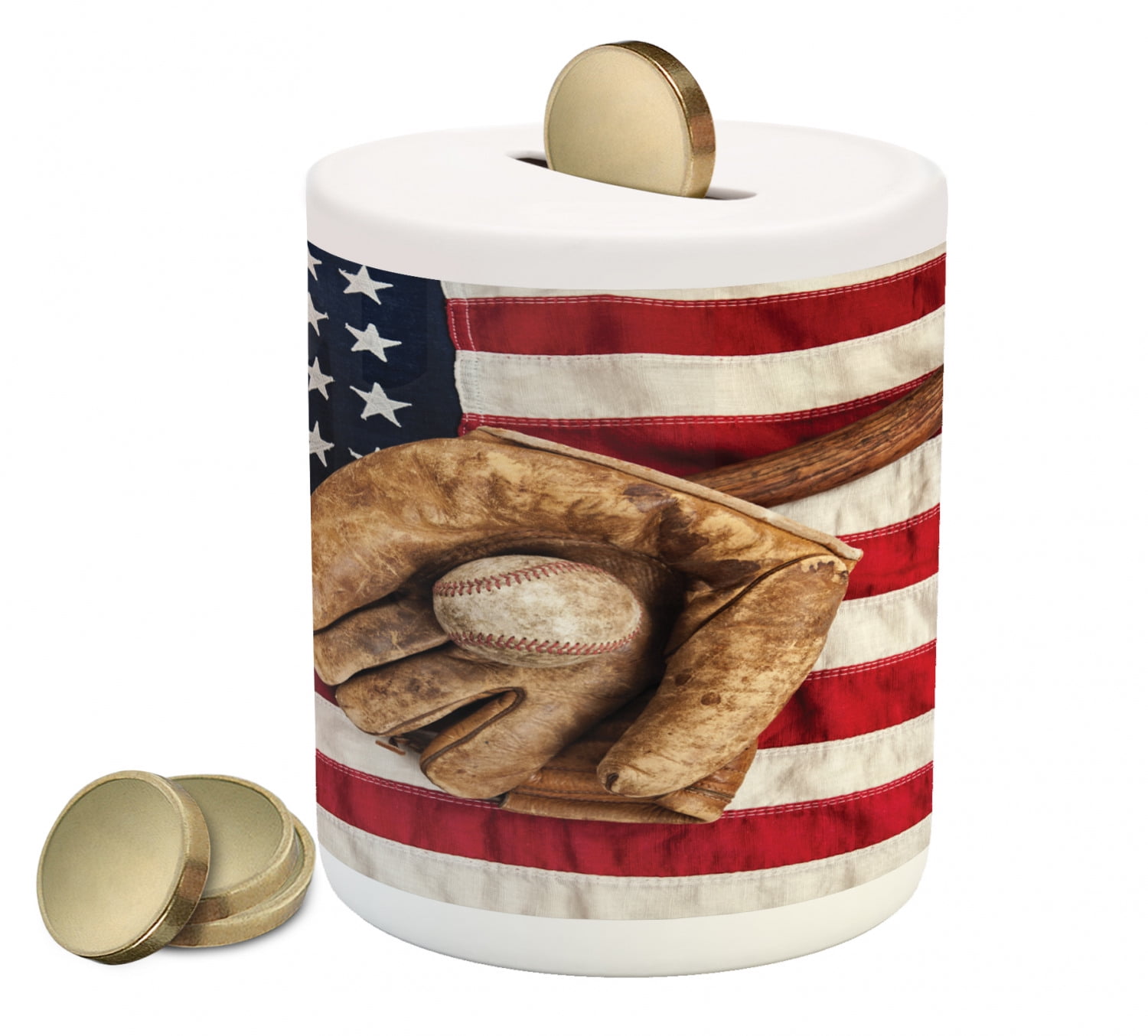 Baseball Piggy Bank, Vintage Baseball League Equipment Usa Grunge Glove