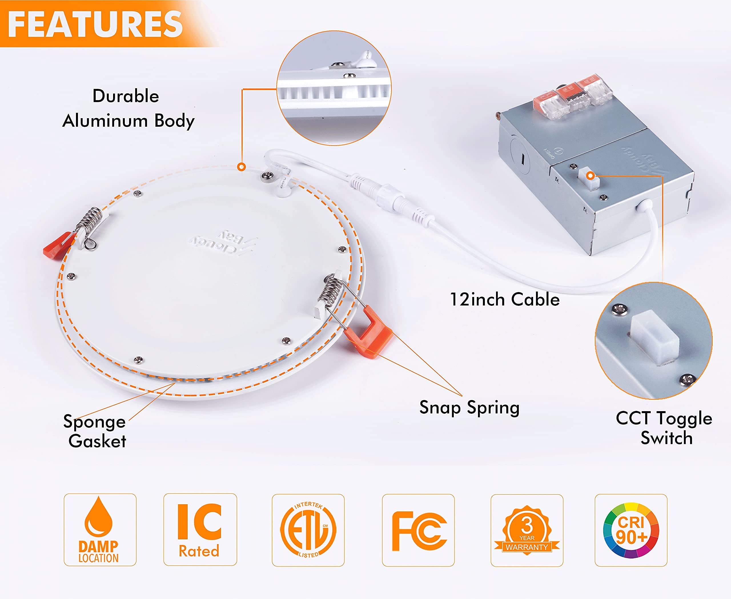 Cloudy Bay 12 Pack Inch 5CCT Ultra-Thin LED Recessed Ceiling Light with Junction  Box,2700K/3000K/3500K/4000K/5000K Selectable,15W Dimmable Canless Downlight,1000LM  High Brightness