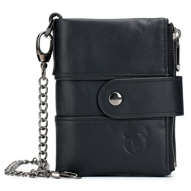 Men Vintage Cow Leather Wallet Card Holder Wallet Purse with Chain