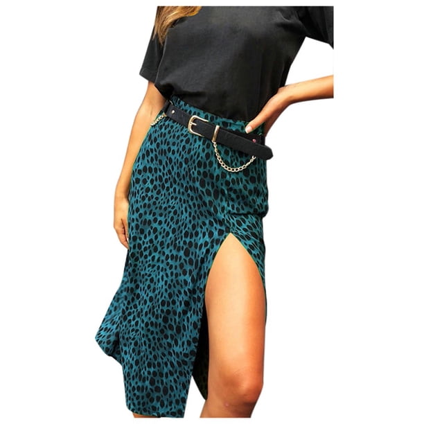 Falda sexy para mujer Cintura alta Estampado de leopardo Adelgazamiento Hendidura Nalgas Falda acampanada Wmkox8yi FGJ597
