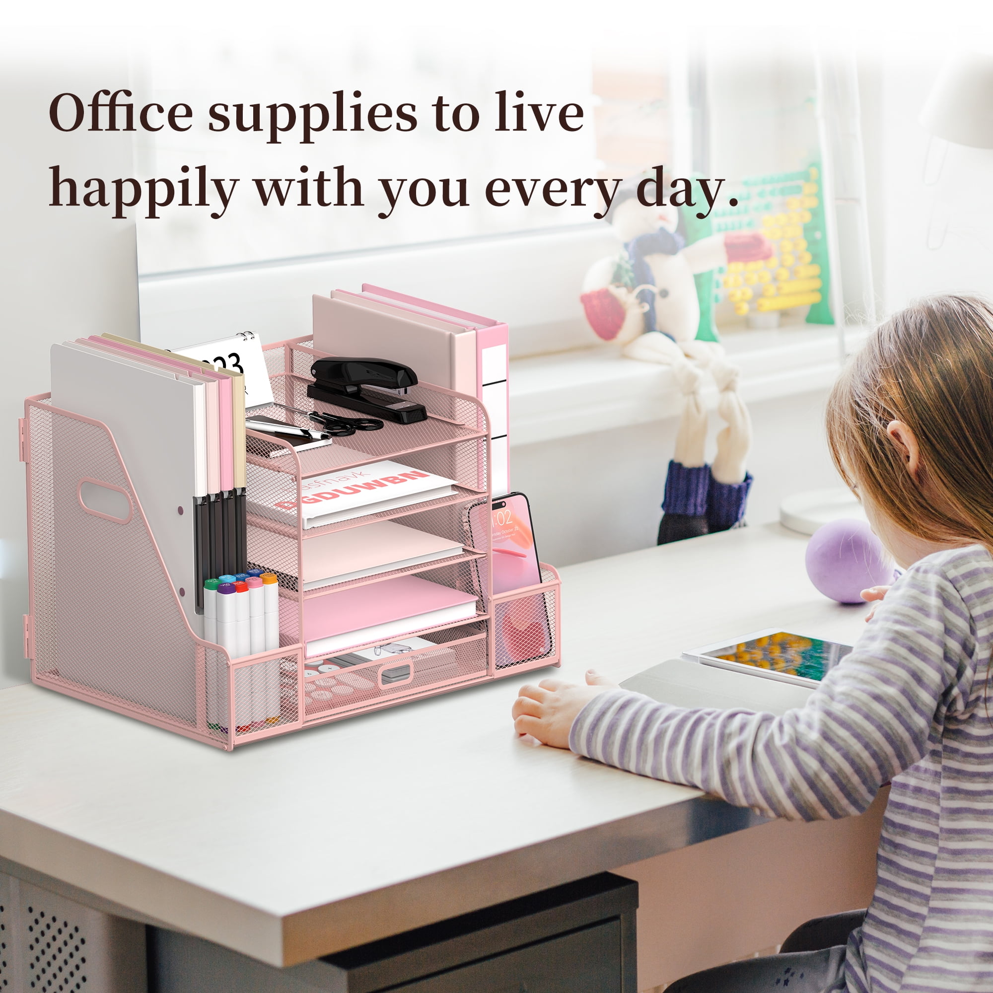 INTIGE 5-Tier Metal Desktop Organizer with 2 Pencil Holder, 1 Drawer, 2 File Storage, Handle, Pink