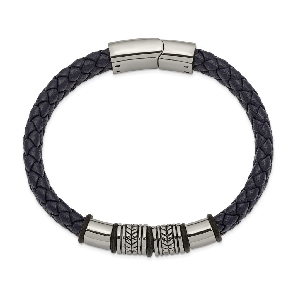 Diamond2Deal Stainless Steel Antiqued and Polished Braided Blue Leather with Black Silicone Bracelet for Men 8.25"