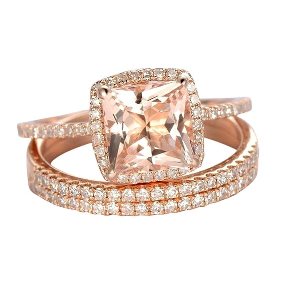 2 Carat Real Morganite and Man made diamond moissanite Trio Set, Engagement Ring and 2 Matching Wedding bands, with 18k Gold Plating