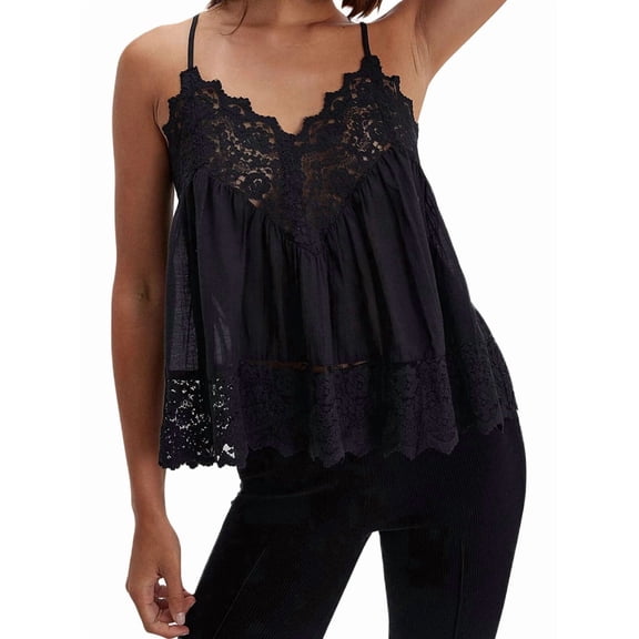 Summer Tank Tops for Women Loose Fit Pleated Tunics V Neck Sleeveless Lace Tops Lrregular Hem Flowy Black S