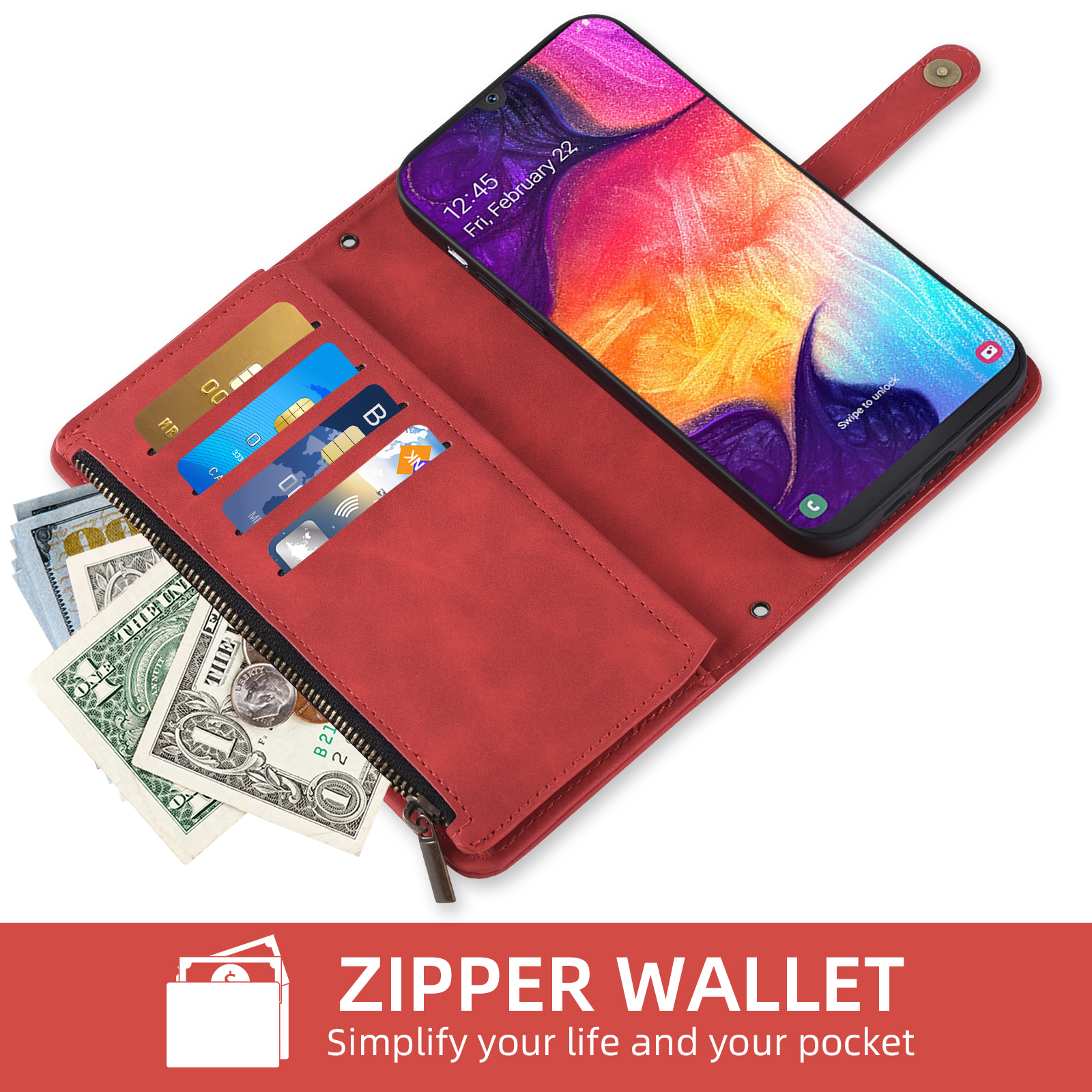 Asuwish Phone Case for Samsung Galaxy A50 A50S A30S Wallet Cover With Tempered Glass Screen Protector Crossbody Wrist Strap Flip Pattern Zipper Card Holder Cell A 50 50S 30S S50 50A SM A505G Men Red