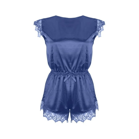 

Intimates Teeddy Fashion Bodysuit Jumpsuit Lace Satin Silk Sleepwear Lingerie Underwear Polyester Simple Long Sleeve Shirts for Women Blue
