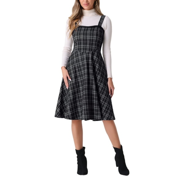 INSPIRE CHIC Tweed Dress for Women's Sleeveless Square Neck Plaid A-Line Pinafore Overall Dresses S Black