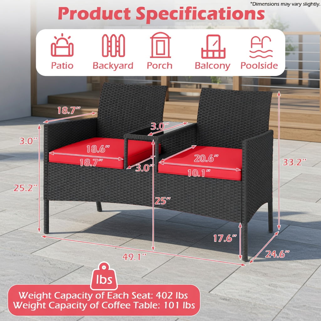 Hommoo Outdoor Wicker Loveseat with Built-in Tempered Glass Tables, Black PE Rattan, Heavy-Duty Metal Frame for Backyard, Porch & Poolside, Red