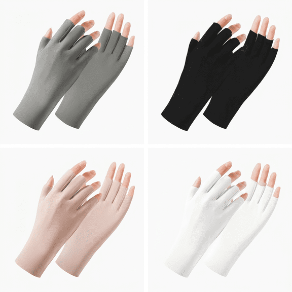 Plumilo Driving Gloves Women UV Protection, 4 Pairs Fingerless UV Sun Gloves, Breathable Ice Silk Gloves for Driving, Outdoor Sports, White Beige Gray Black