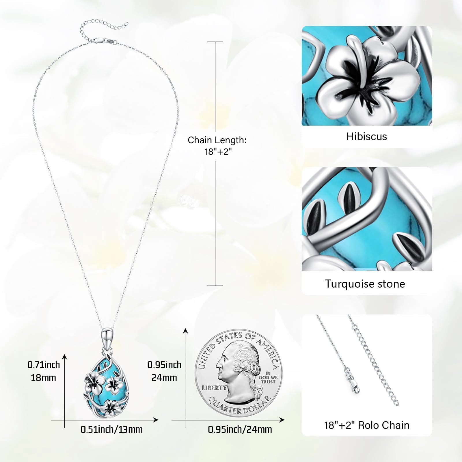 Coachuhhar Hibiscus Necklace 925 Sterling Silver Turquoise Hawaii Flower Pendant Necklace Hawaiian Jewelry Gifts Christmas for Women Mother Wife