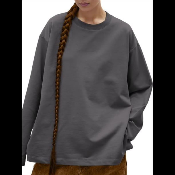 Camisetas de Larga Extragrandes para Mujer 2025, Camisetas Básicas de Cuello Redondo, Tops de Otoño, Ropa Informal de Entrenamiento Y2K Gris Oscuro L