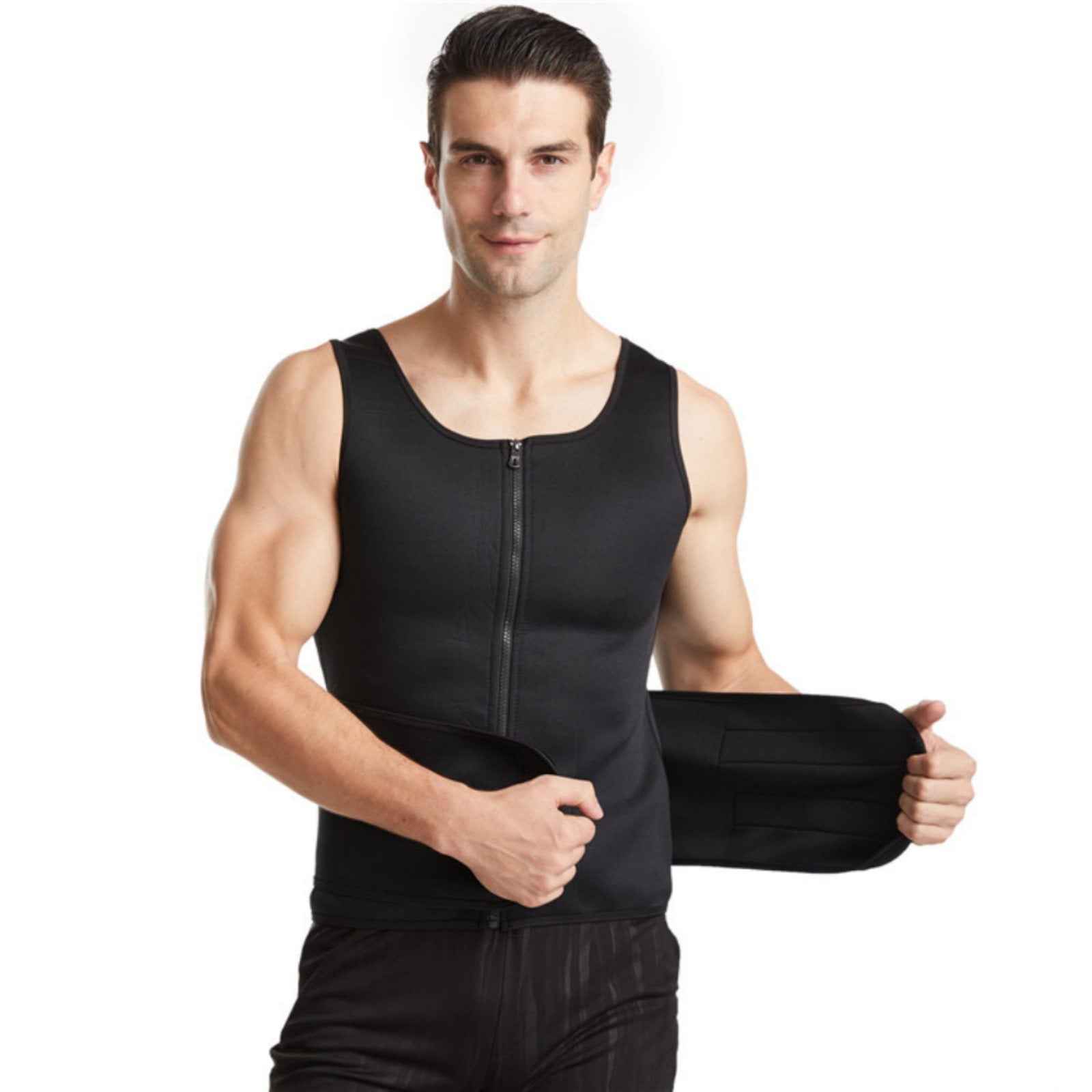 SHAPERIN Men Neoprene Sauna Zipper Waist Trainer Vest Tank Top Trimmer Body Shaper with Two Belt