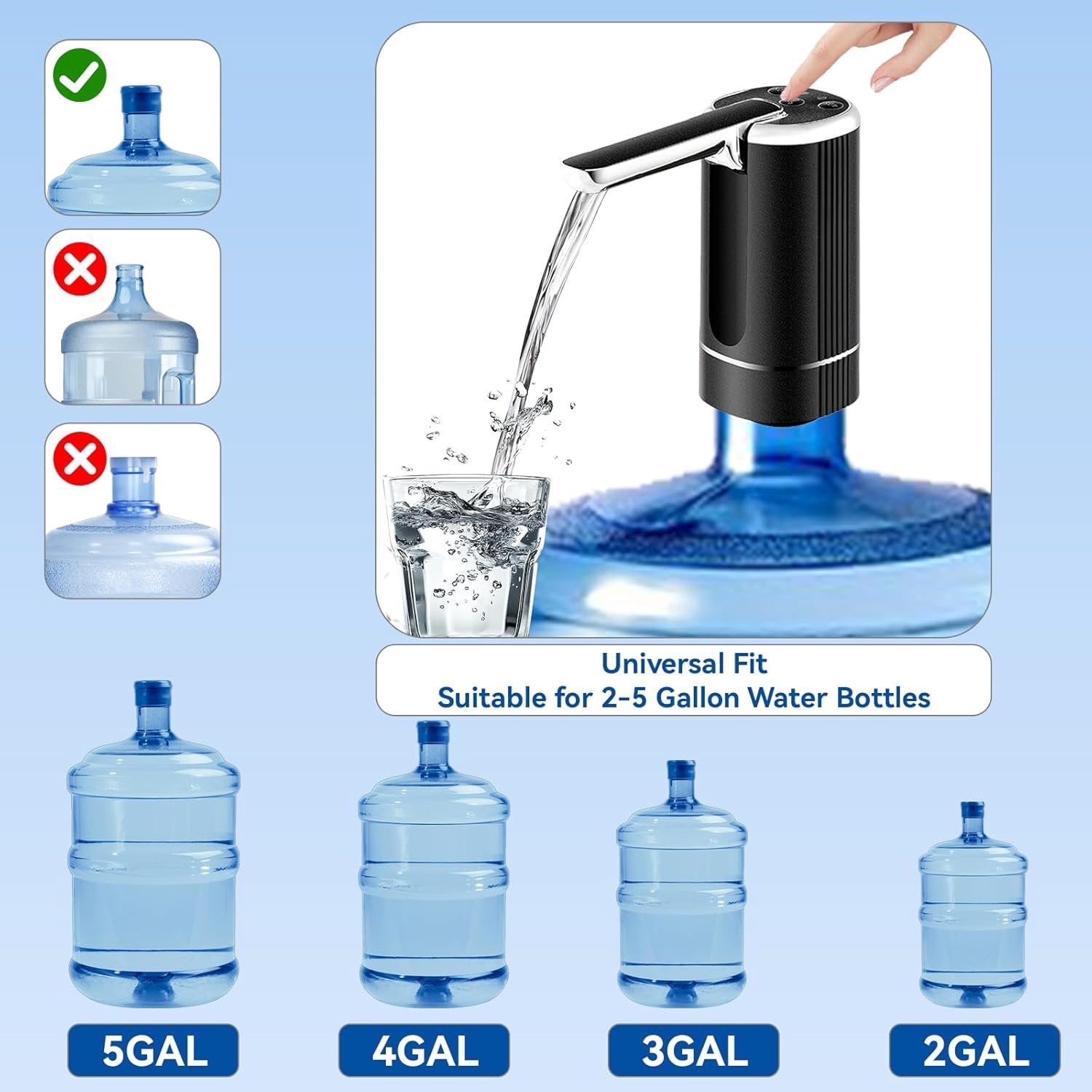 Water Dispenser for 5 Gallon Bottle, Portable USB  Electric Water Pump, Foldable Spout, Water Jug Pump for Camping, , Office