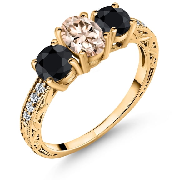 Gem Stone King 2.15 Ct Oval Peach Morganite Black Sapphire 18K Yellow Gold Plated Silver Ring (Size 7)