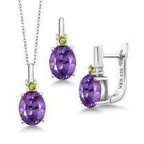 Gem Stone King 925 Sterling Silver Purple Amethyst and Green Peridot Pendant and Earrings Jewelry Set for Women (4.87 Cttw, Gemstone Birthstone, with 18 inch Chain)